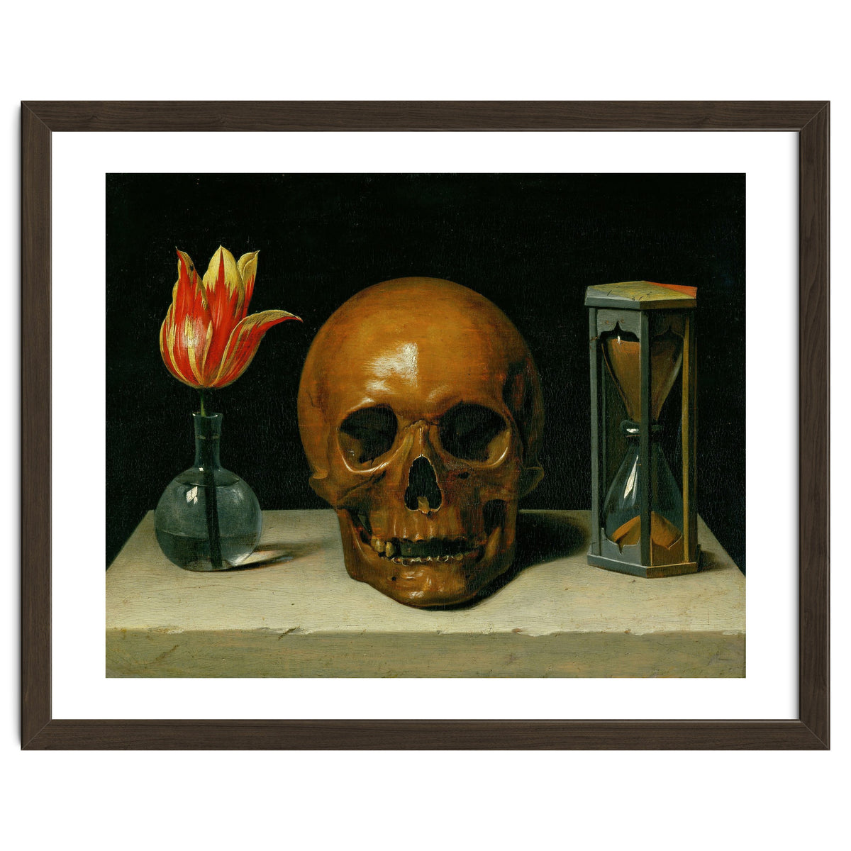 Vanitas, allegory of fleeting time with skull and hour-glass. Oil on canvas.