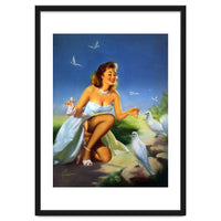 Beautiful Pinup Girl Feeding White Pigeons