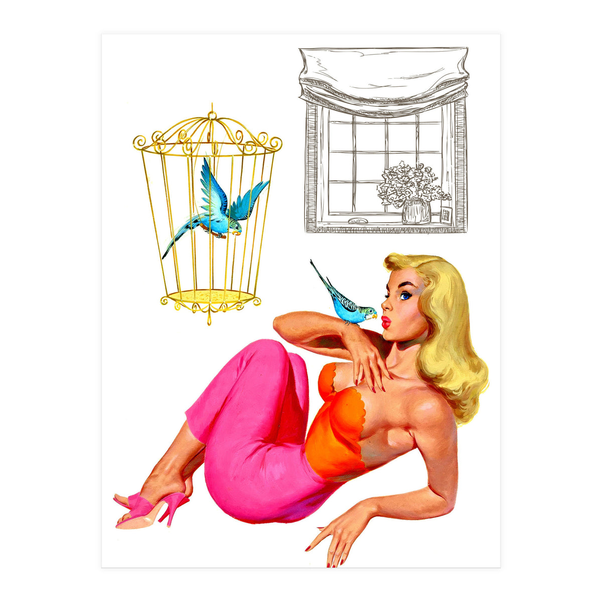 Pinup Girl With Two Birds (Print Only)