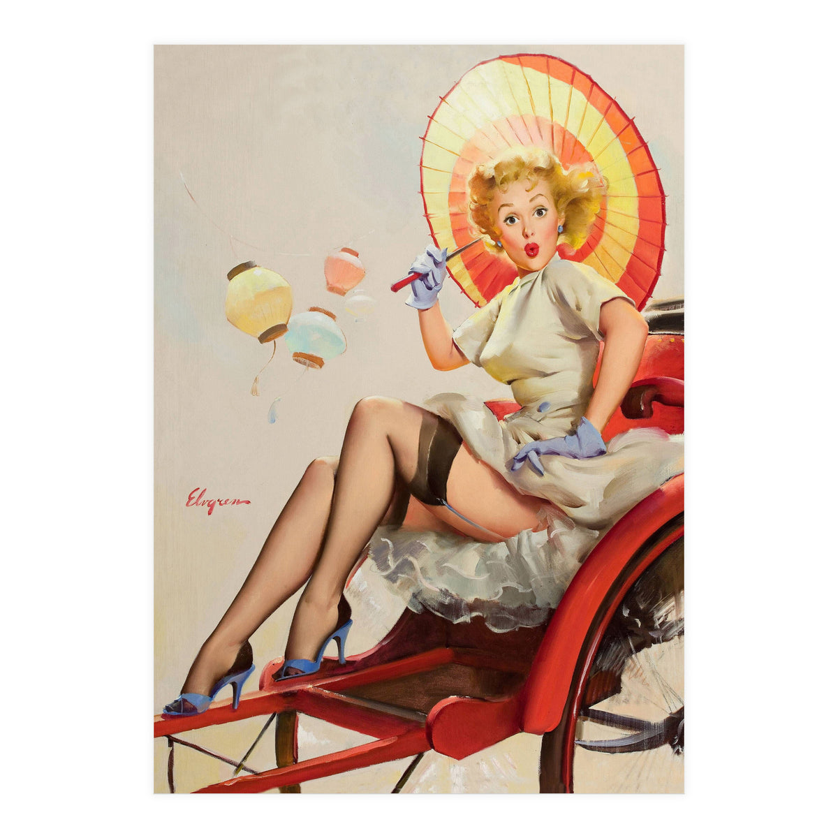 Pinup Girl In Rickshaw Experiencing Sudden Wind (Print Only)