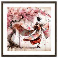 Geisha Under Cherry Blossoms In Motion