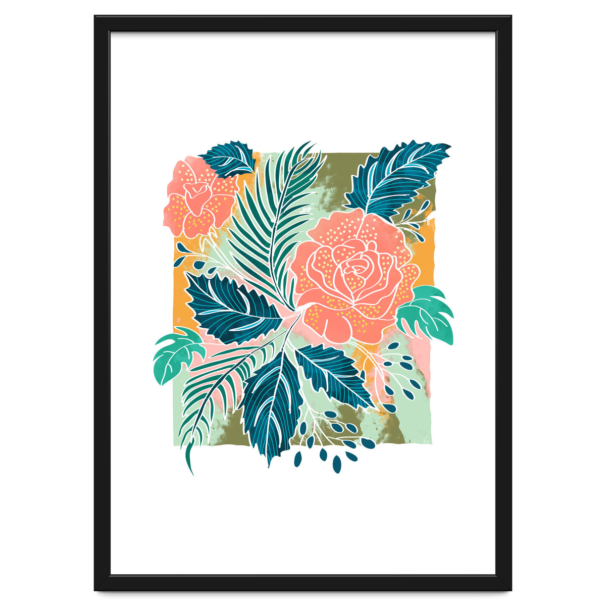 Framed Nature, Botanical Floral Rustic Bohemian, Garden Painting Tropical Illustration