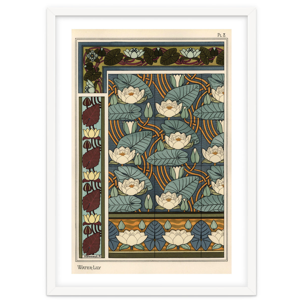 The water lily, Nelumbo lutea, in wallpaper and tile patterns. Lithograph by Verneuil.
