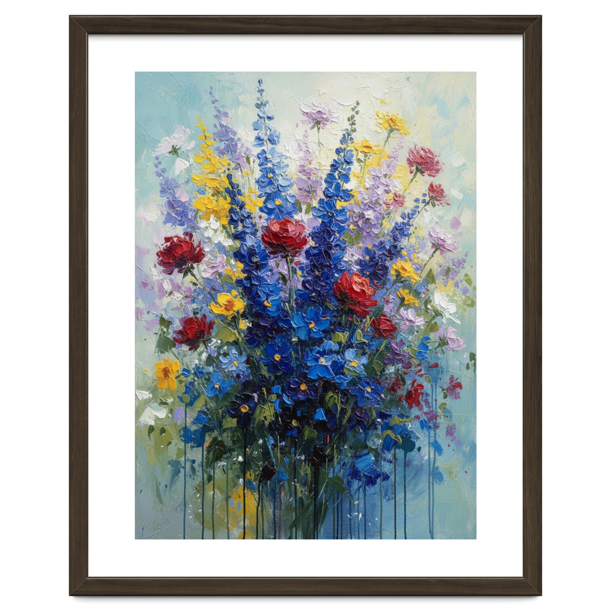 Vibrant Blue Delphinium and Red Rose Heavy Impasto Oil Painting