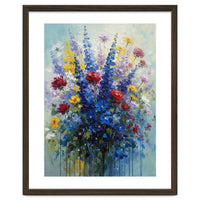 Vibrant Blue Delphinium and Red Rose Heavy Impasto Oil Painting