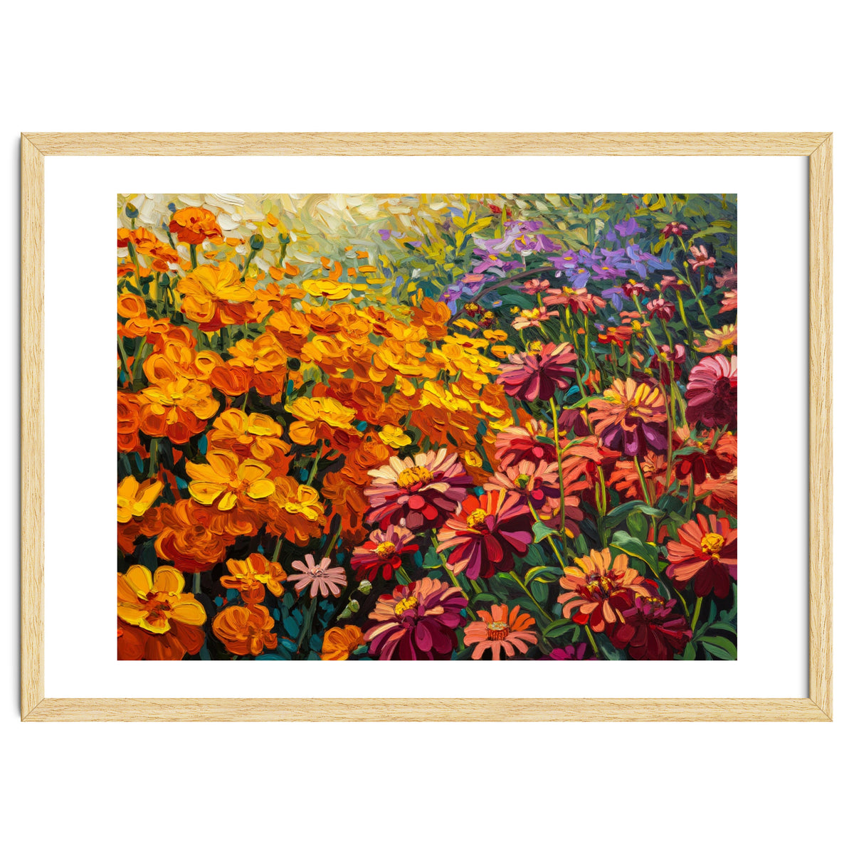 Radiant Summer Zinnia and Marigold Meadow Oil Painting
