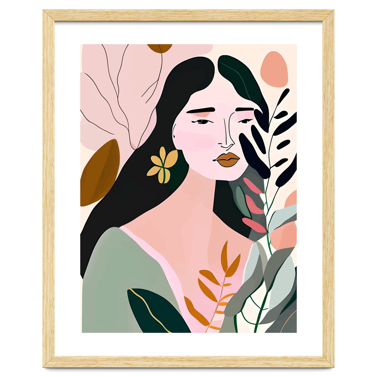 Reinvent, Beautiful Woman Girl Pastel Line Art, Minimal Botanical Nature Portrait, Modern Bohemian Drawing Nomadic Summer Self Love