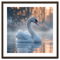 Serene White Swan Gliding On Misty Water