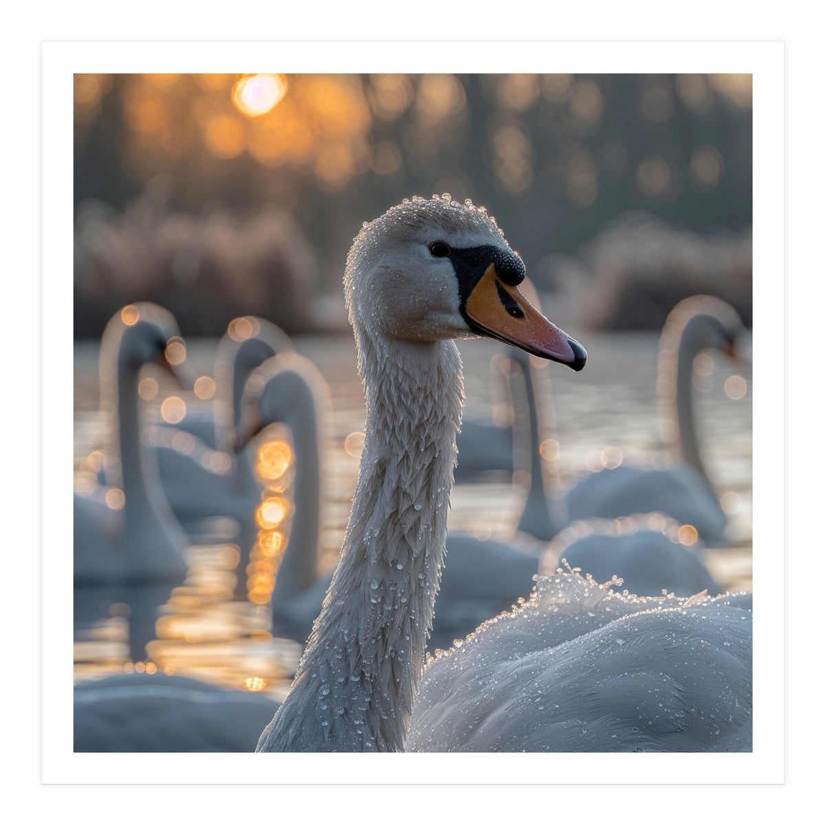 Close Up Of Swan With Water Droplets At Sunrise (Print Only)