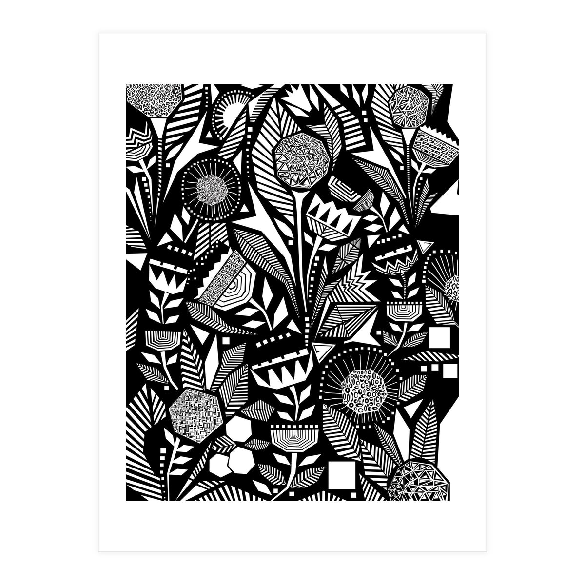 African Tribal, Black & White Abstract Drawing Sketch Line Art, Rustic Botanical Illustration, Bohemian Eclectic Scandinavian Vintage Bold (Print Only)