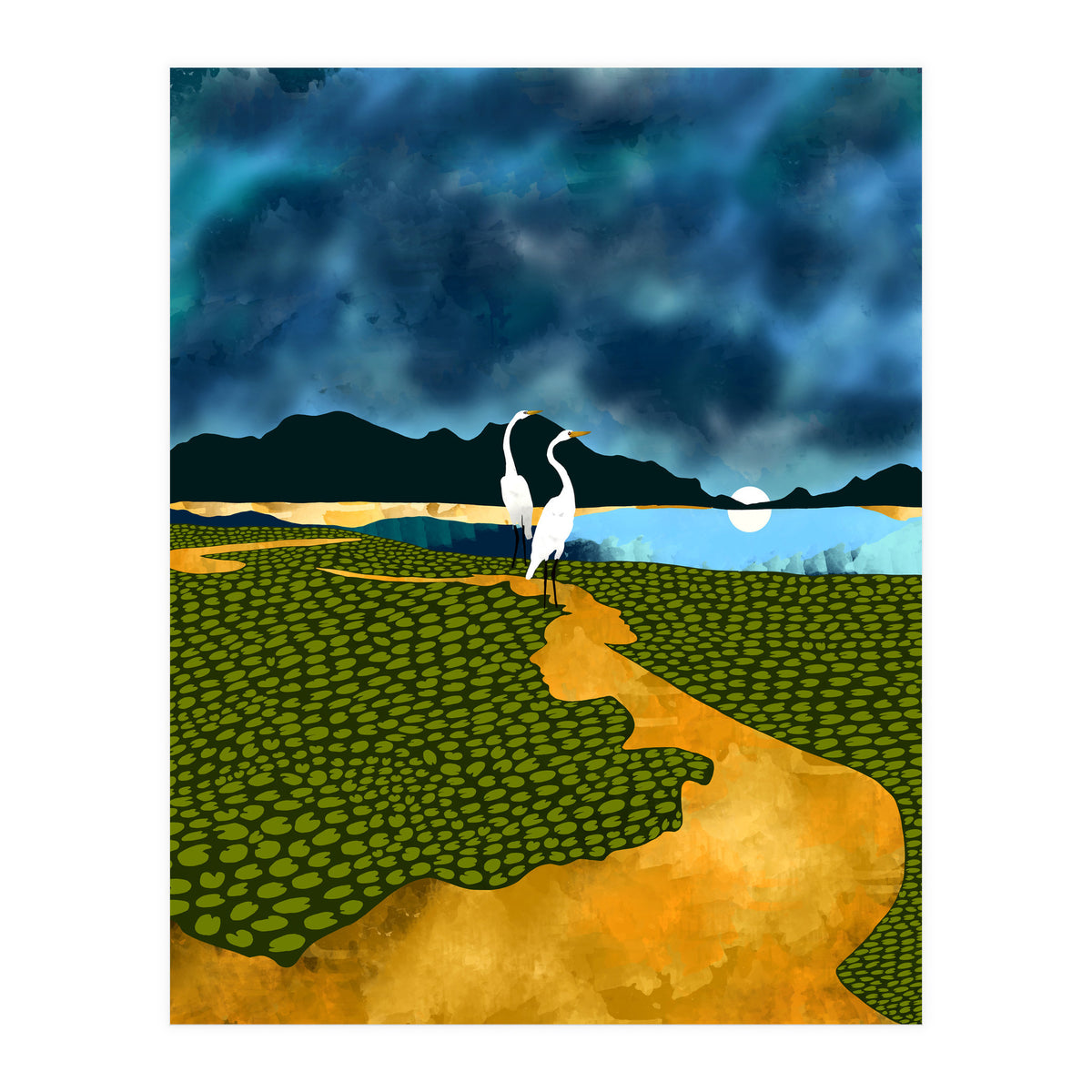 Great Egrets On Honeymoon Island, Heron Wildlife Painting Nature Landscape, Travel Dark Scenic Birds Love Animals Lake Bohemian (Print Only)