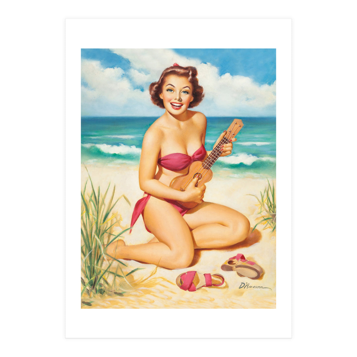 Pinup Girl Playing Ukulele On The Beach (Print Only)