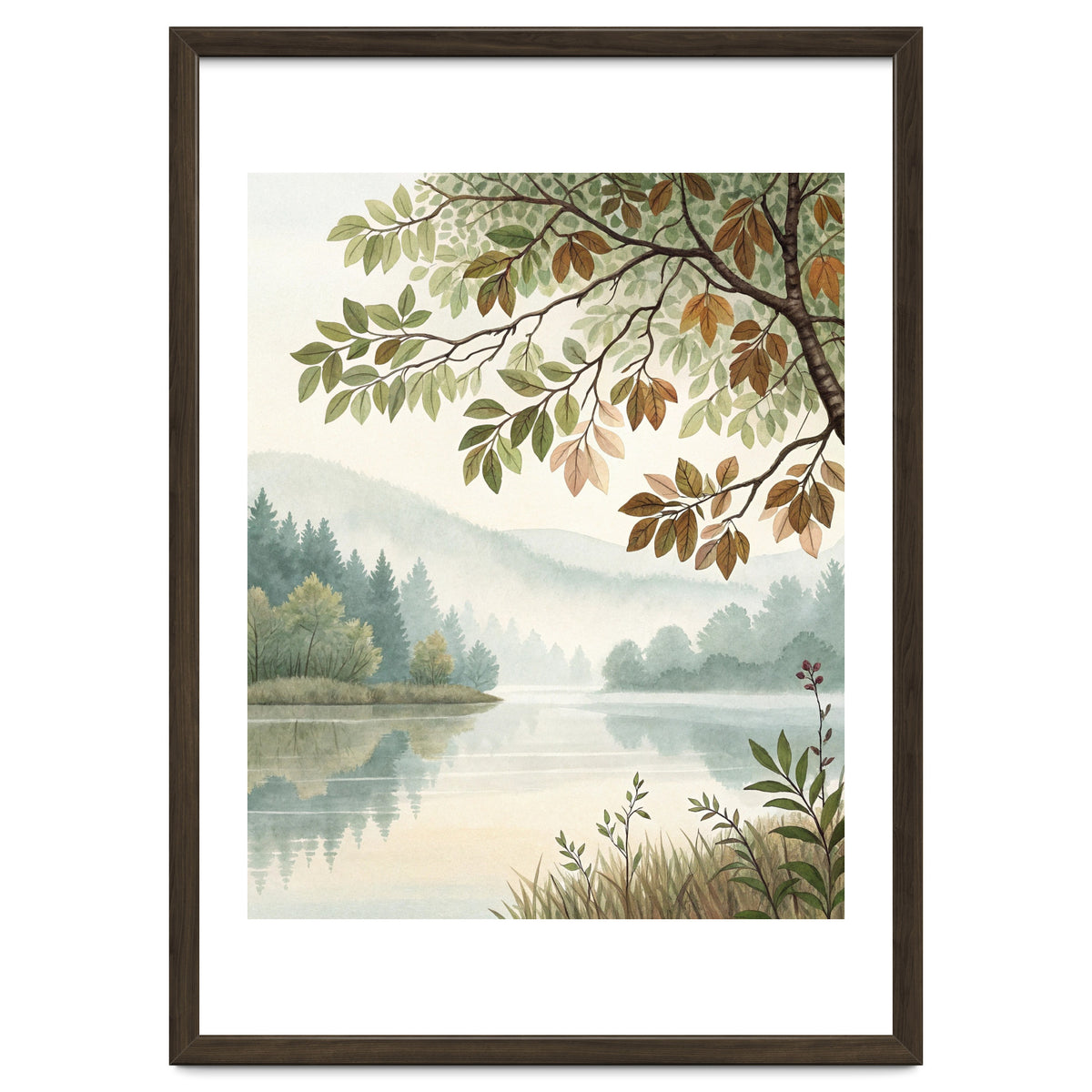 Tranquil Lakeside Forest Watercolor Painting with Overhanging Autumn Branches and Misty Mountain Reflection