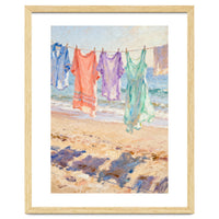 Laundry Drying by the Sea, Colorful Clothes on a Beach Clothesline, Coastal Summer Pastel Painting, Relaxing Ocean Shore Art Print