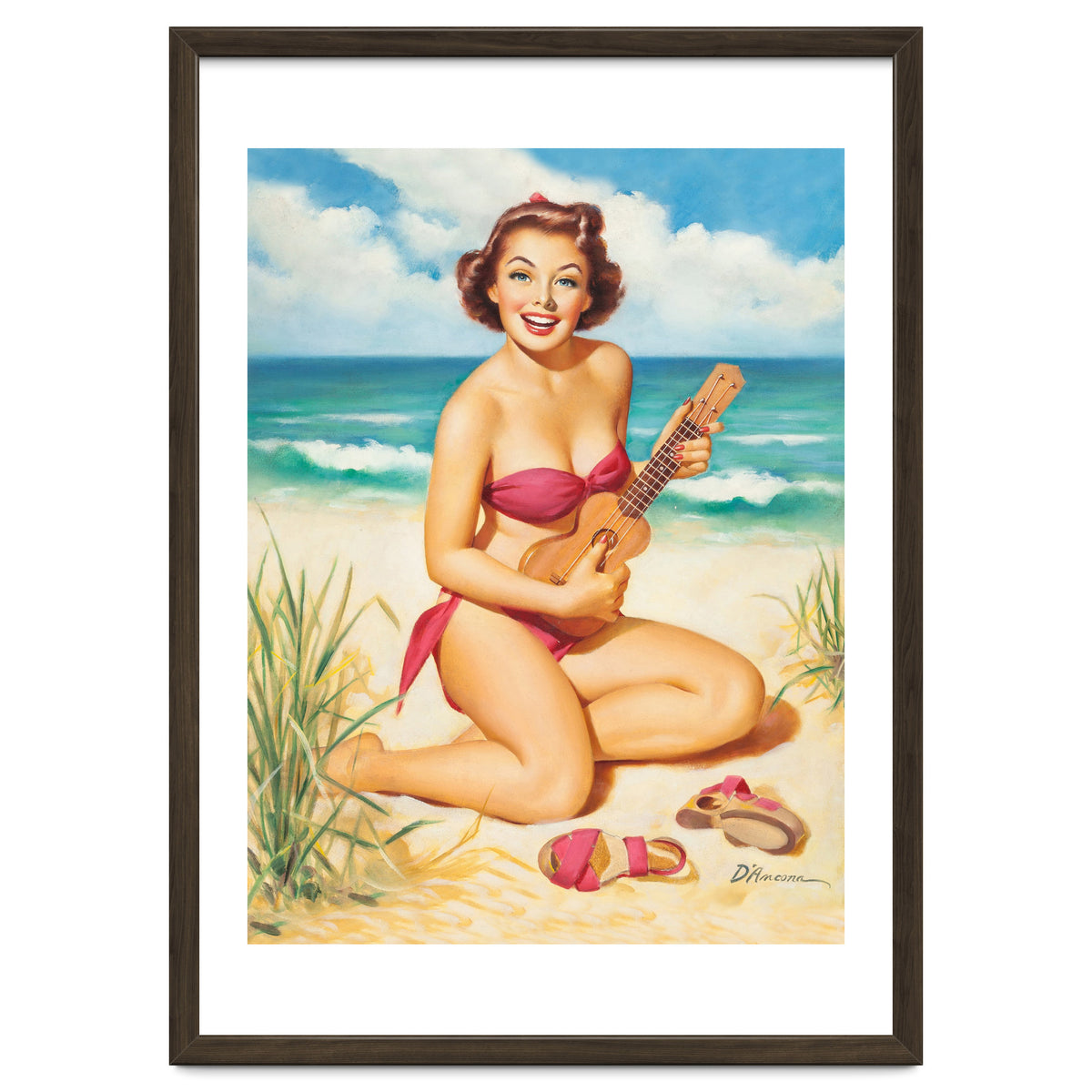 Pinup Girl Playing Ukulele On The Beach