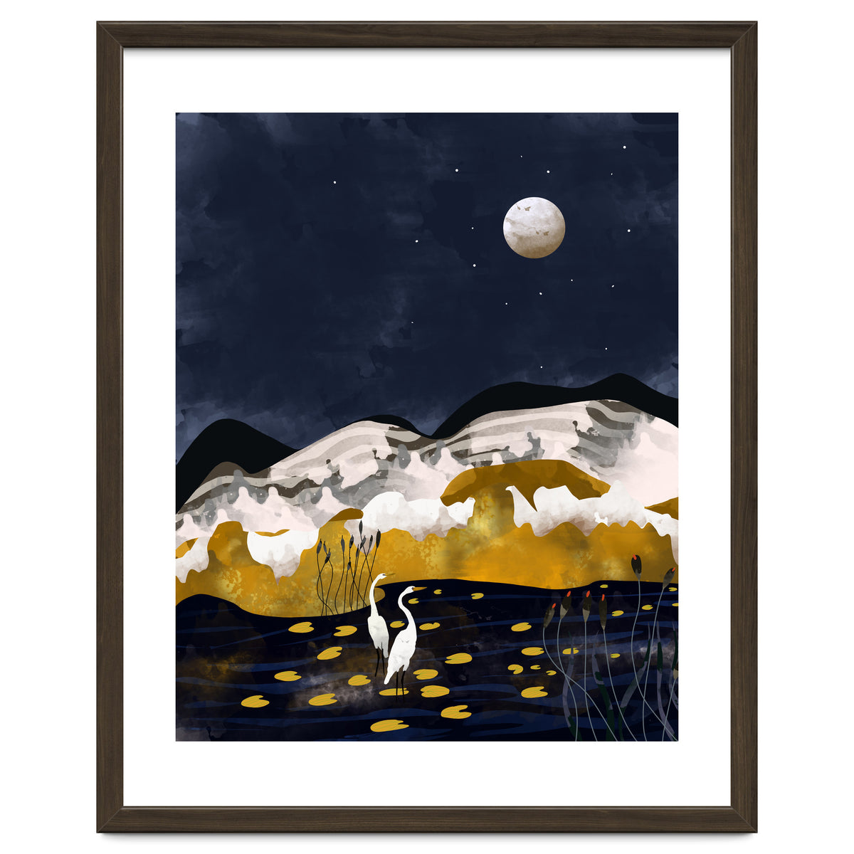 Midnight Lake, Stork Wildlife Animals Abstract Painting, Nature Landscape Travel Adventure Full Moon Night, Eclectic Gold Birds Magical Bohemian