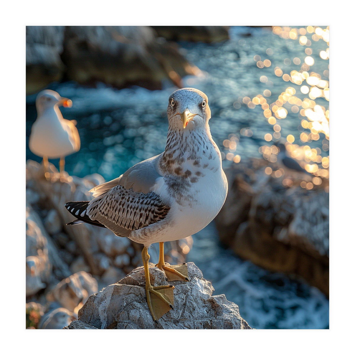 Seagull Standing On Rocks Near Water (Print Only)