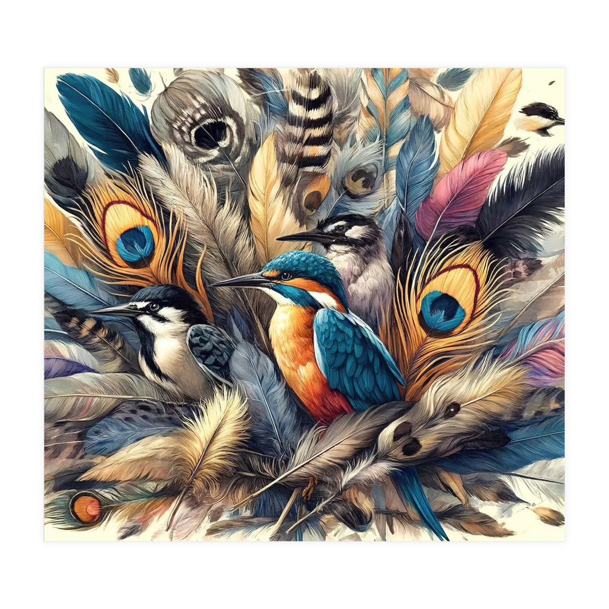 Kingfisher And Songbirds In Peacock Feathers (Print Only)