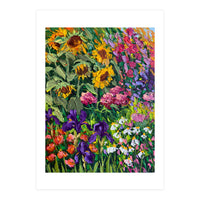 Vibrant Summer Sunflower and Iris Meadow Oil Painting (Print Only)