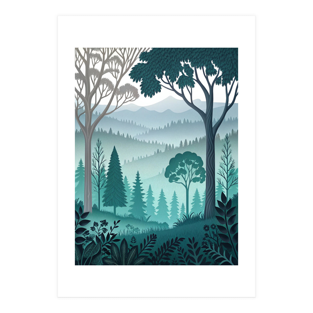 Vibrant Silhouettes in the Misty Teal Highlands (Print Only)