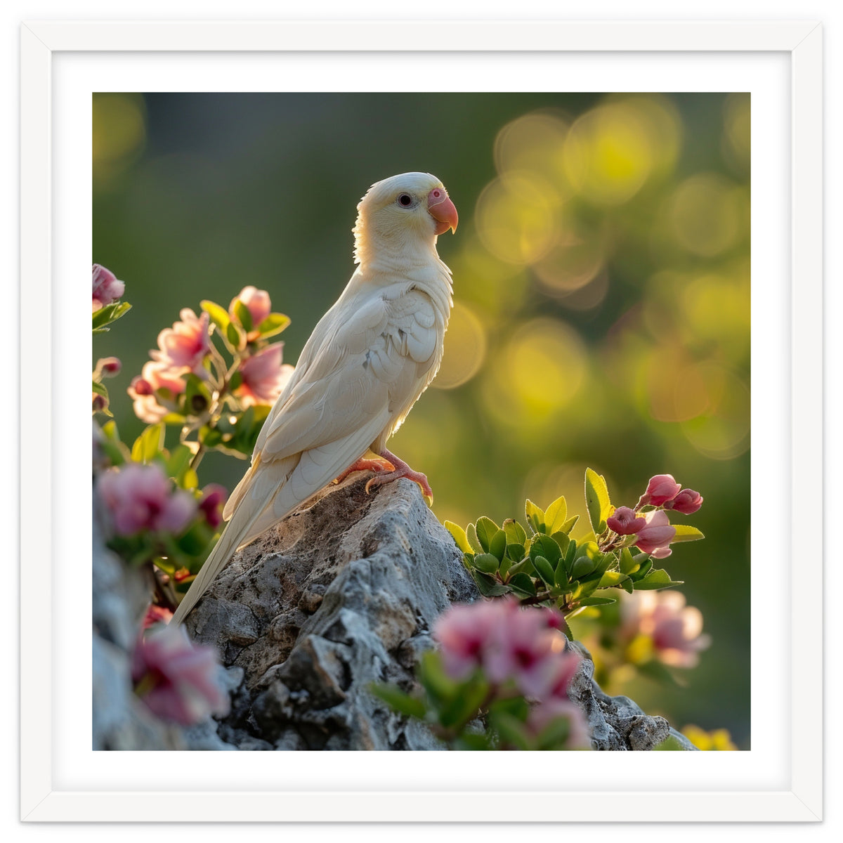 Albino Parrot Perched On A Rock Amongst Flowers