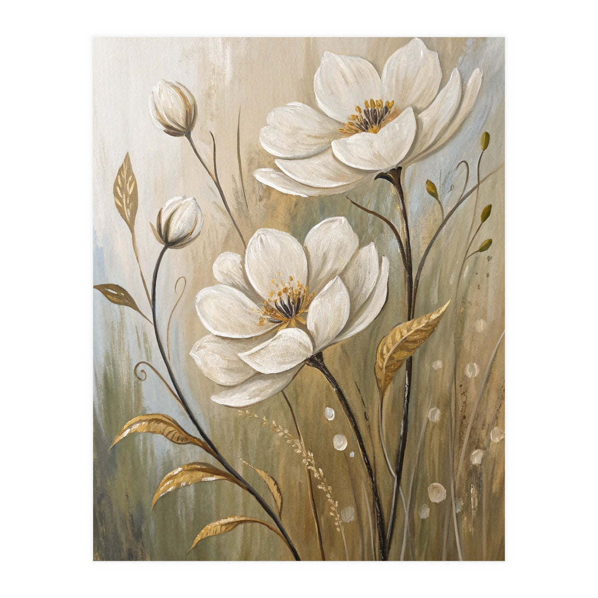 Elegant White Anemone Floral Oil Painting (Print Only)