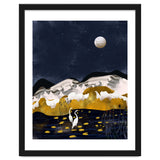 Midnight Lake, Stork Wildlife Animals Abstract Painting, Nature Landscape Travel Adventure Full Moon Night, Eclectic Gold Birds Magical Bohemian thumbnail