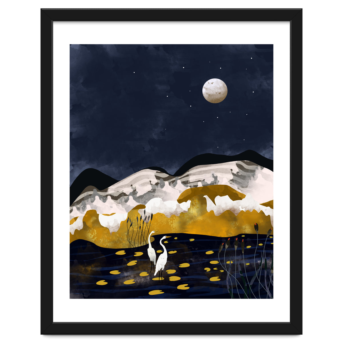 Midnight Lake, Stork Wildlife Animals Abstract Painting, Nature Landscape Travel Adventure Full Moon Night, Eclectic Gold Birds Magical Bohemian