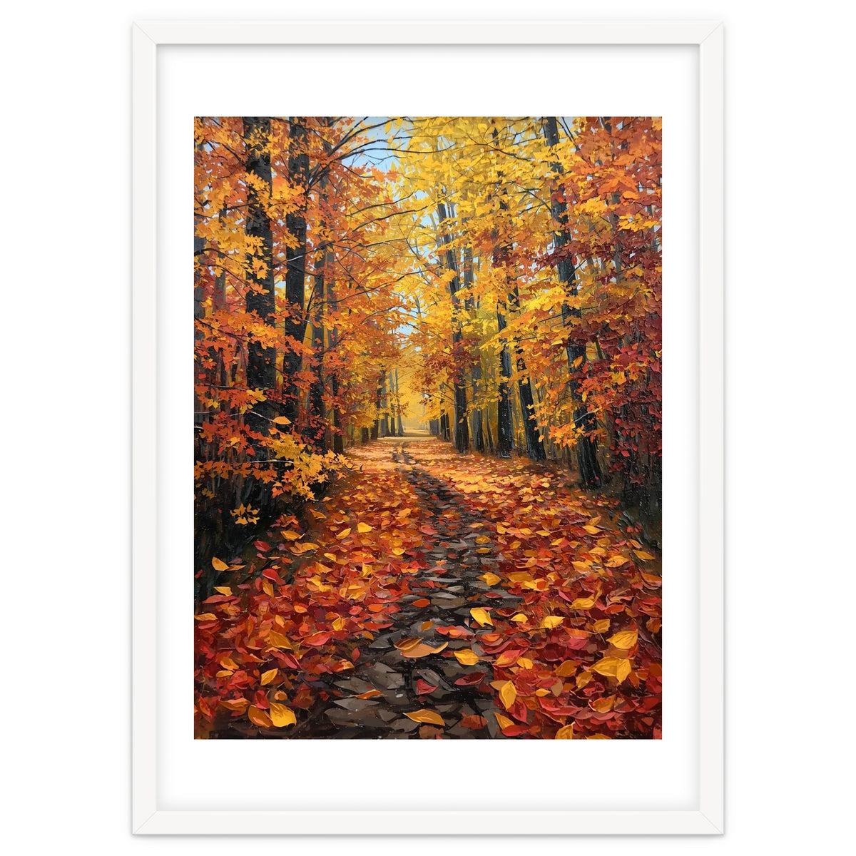 Sun-Drenched Golden Forest Path with Vibrant Autumn Foliage