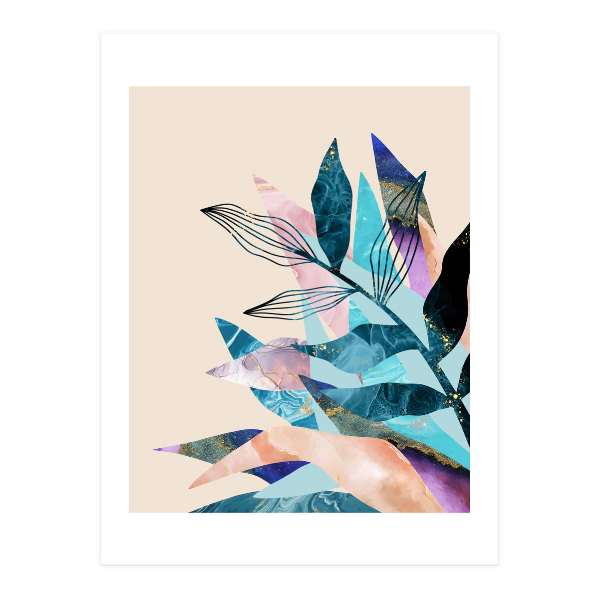 Marble Fantasy, Luxe Abstract Texture Botanical Concept, Eclectic Graphic Design Bohemian Contemporary (Print Only)