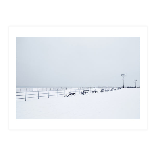 Benches along the pier on snow beach (Print Only)
