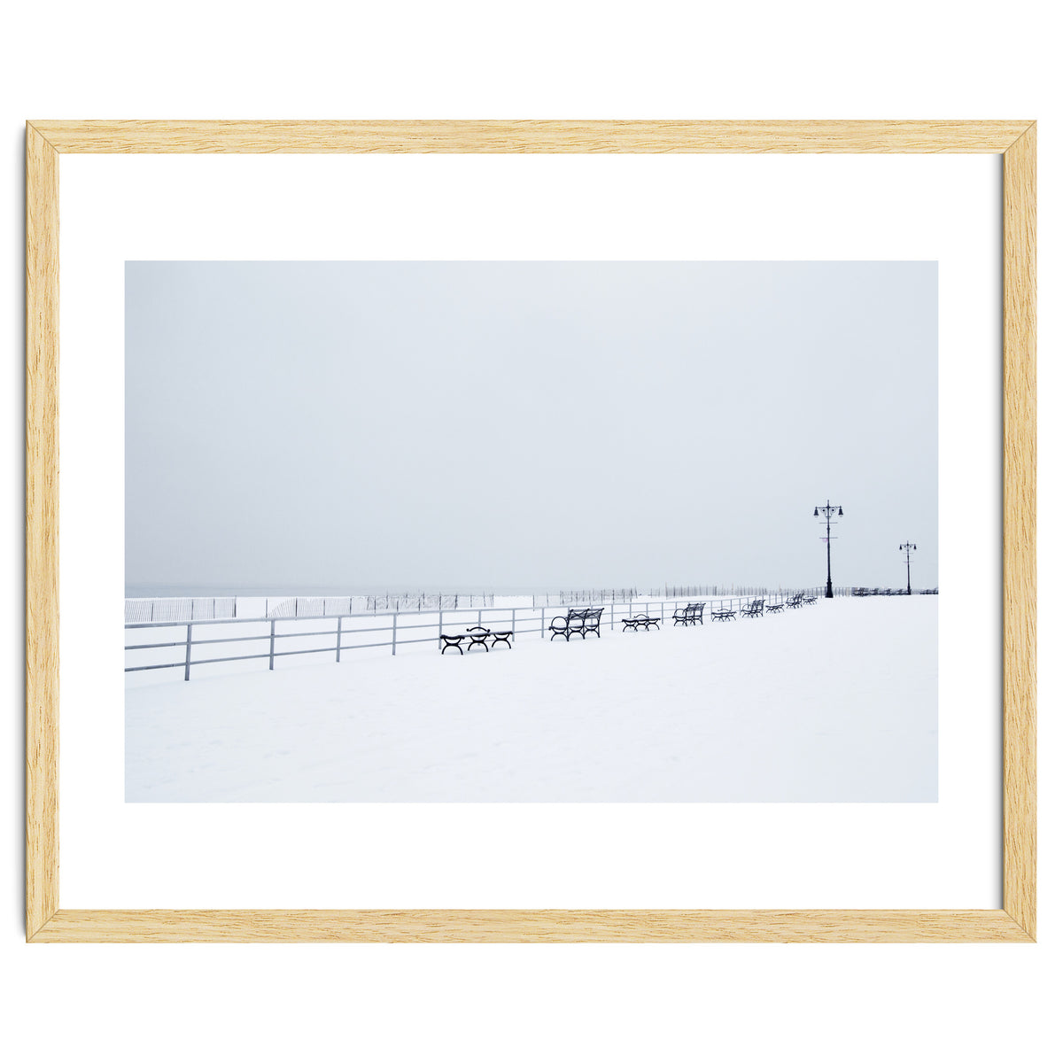 Benches along the pier on snow beach