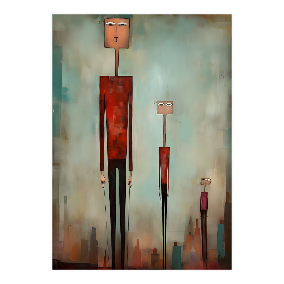 CITY HEIGHTS, three human-like forms of differing heights loom over the city below. (Print Only)