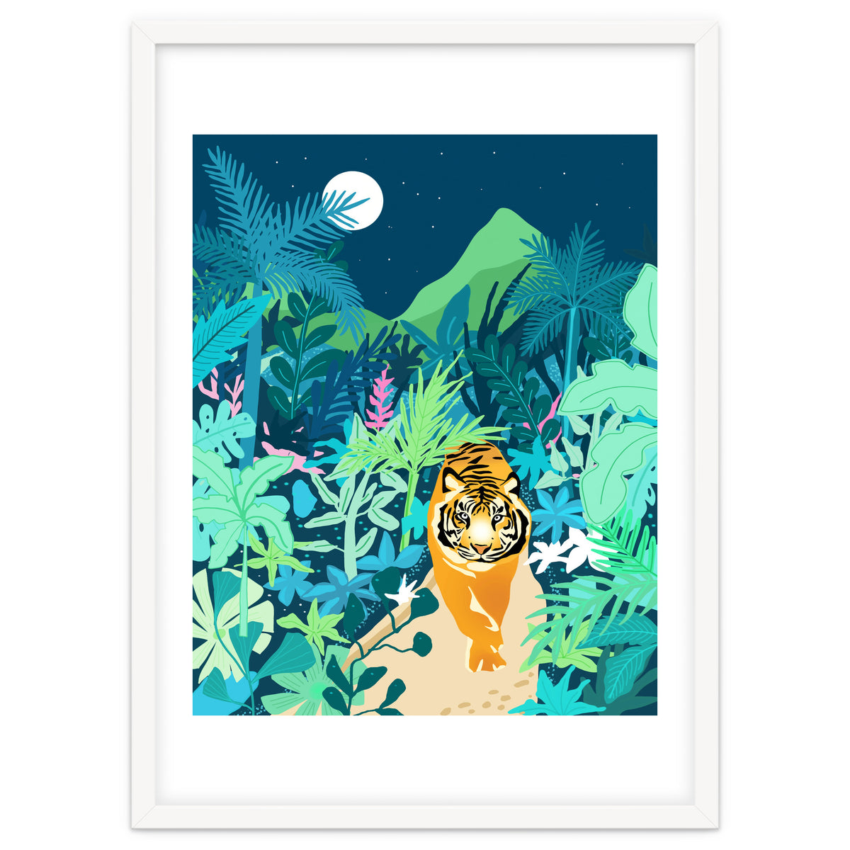 Tiger Walk, Bohemian Jungle Maximalist Nature, Botanical Forest Plants Moon Wild Animals