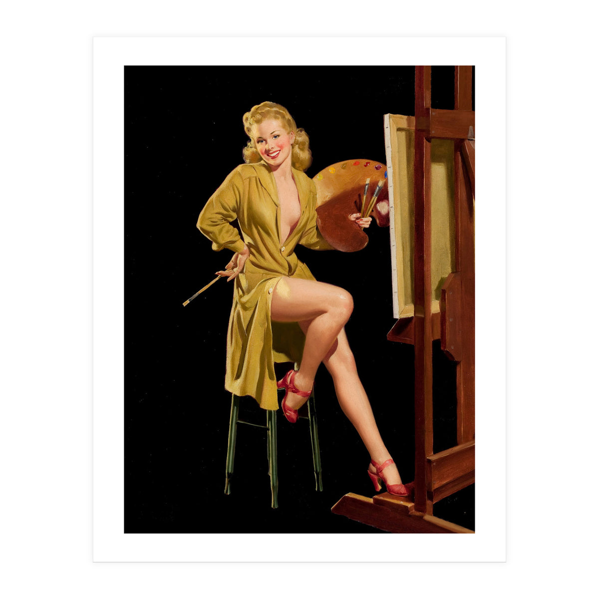 Young And Beautiful Woman Posing In Front Of The Painting Canvas (Print Only)