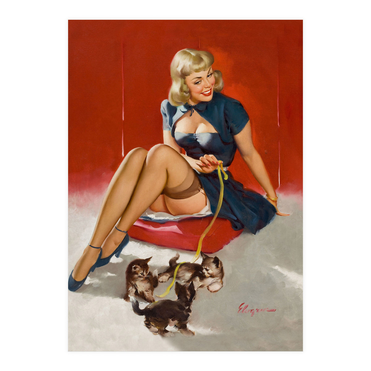 Pinup Sexy Girl Playing With Her Little Cats (Print Only)