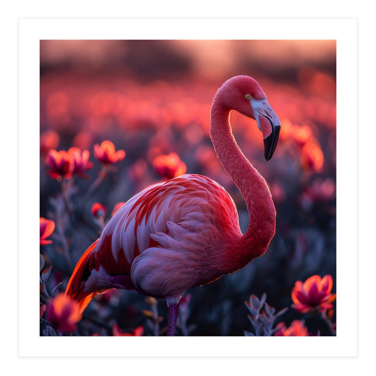 Pink Flamingo Bird Standing Among Flowers At Sunset (Print Only)