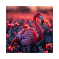 Pink Flamingo Bird Standing Among Flowers At Sunset (Print Only)