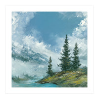 Ethereal Alpine River Valley with Snow-Capped Mountains (Print Only)