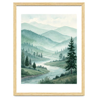 Serene Misty Mountain Valley Watercolor Painting