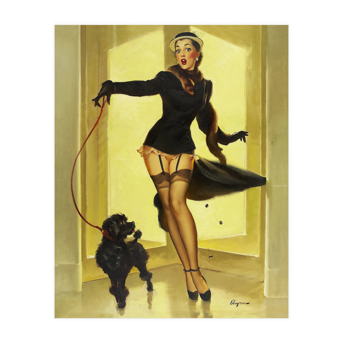Pinup Girl In Black Dress On A Hall Experiencing Sudden Wind (Print Only)