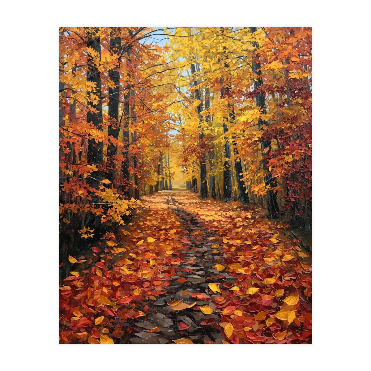 Sun-Drenched Golden Forest Path with Vibrant Autumn Foliage (Print Only)