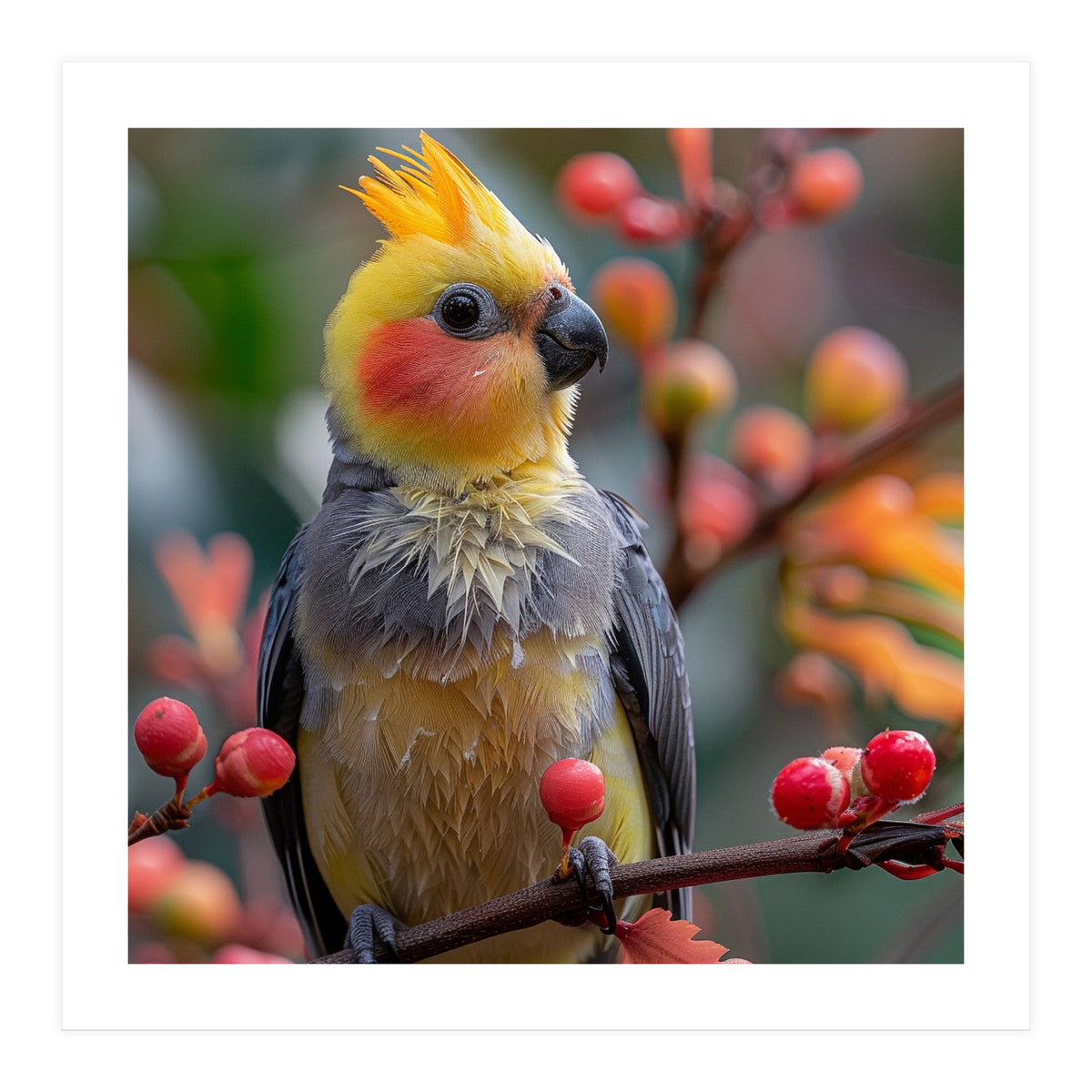 Cockatiel Bird Sitting On A Branch With Berries (Print Only)