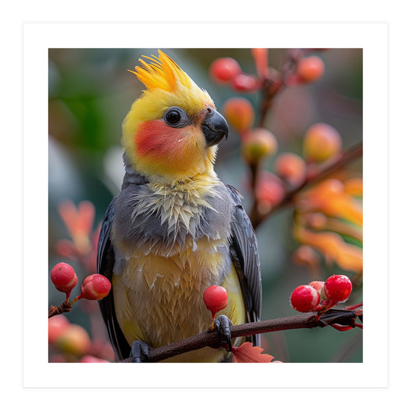 Cockatiel Bird Sitting On A Branch With Berries (Print Only)