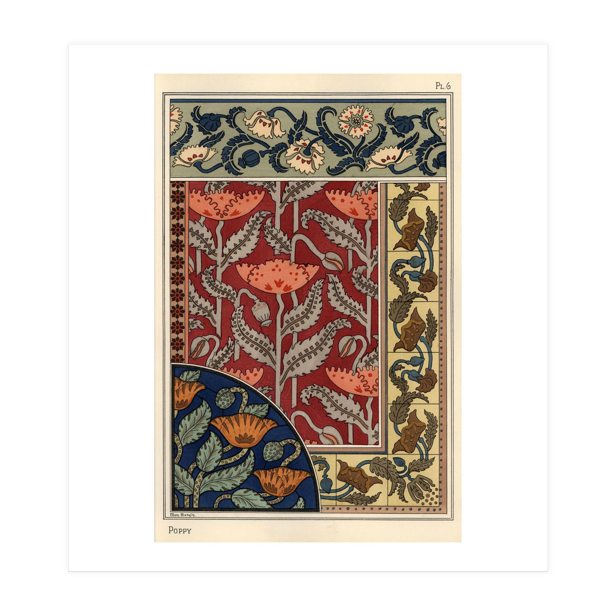 The poppy, Papaver somniferum, in stained glass, wallpaper, fabric and tile patterns. Lithograph ... (Print Only)