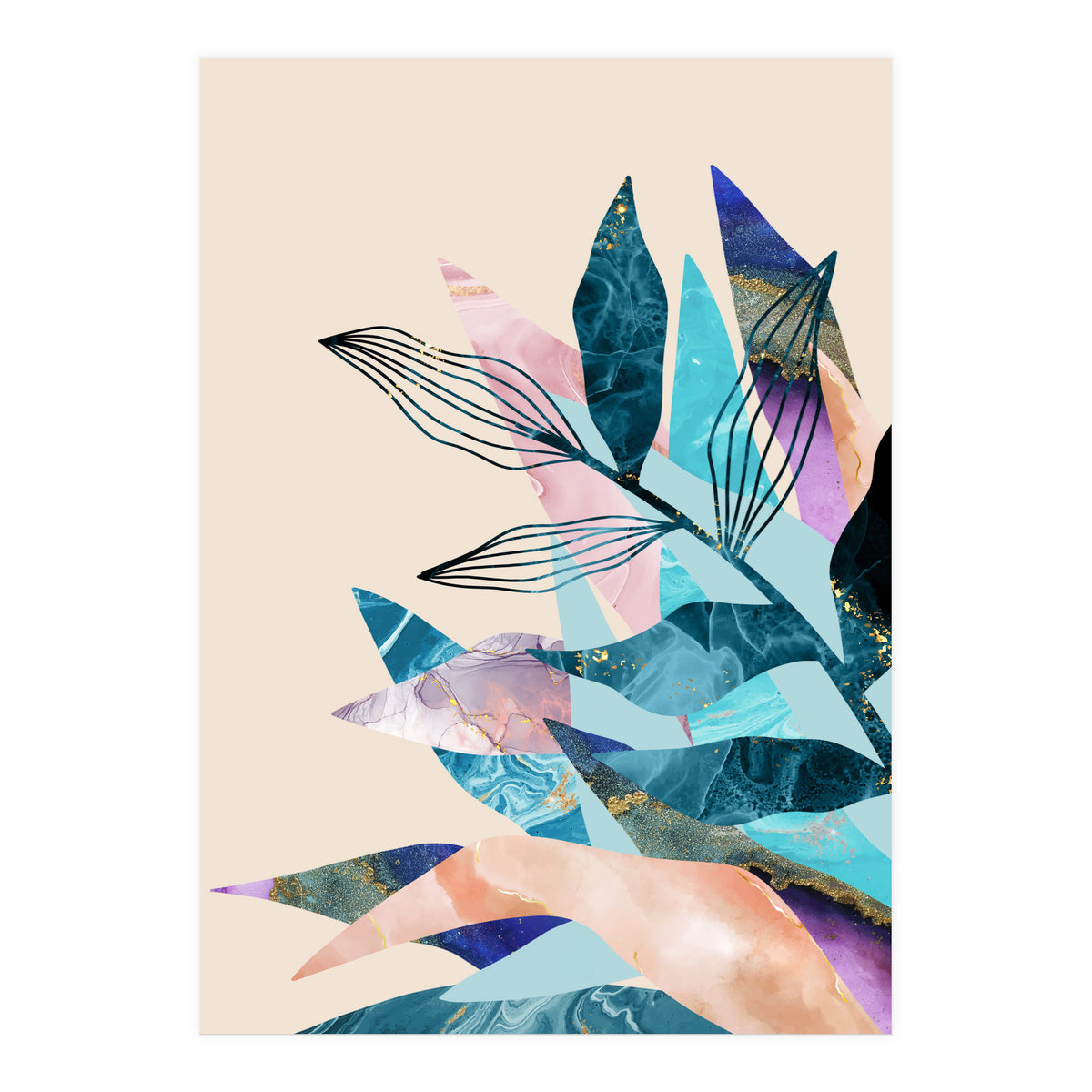 Marble Fantasy, Luxe Abstract Texture Botanical Concept, Eclectic Graphic Design Bohemian Contemporary (Print Only)