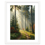 The Golden Path: Ethereal Sunbeams Piercing Through a Misty Evergreen Forest at Dawn thumbnail