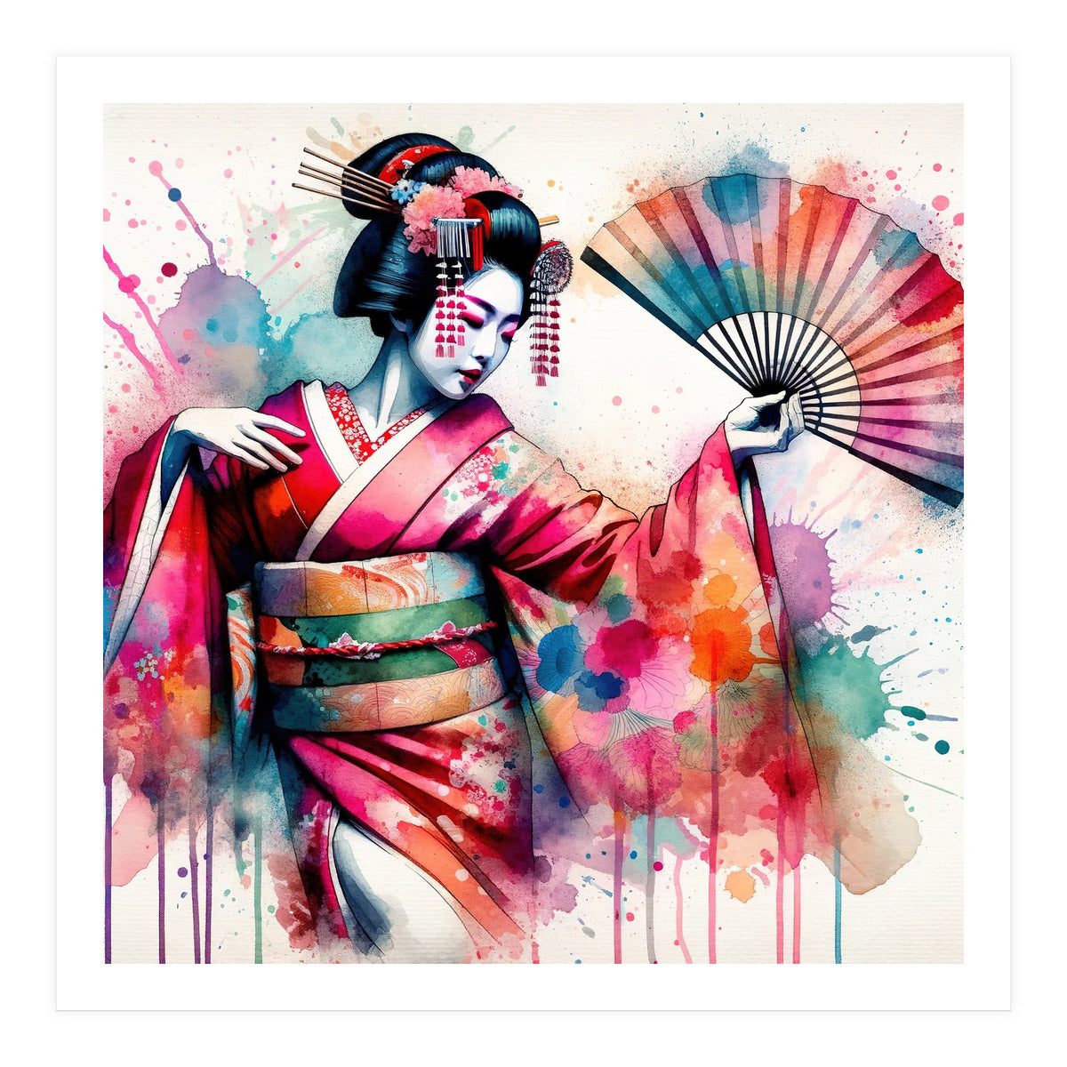 Vibrant Geisha With Rainbow Hand Fan (Print Only)