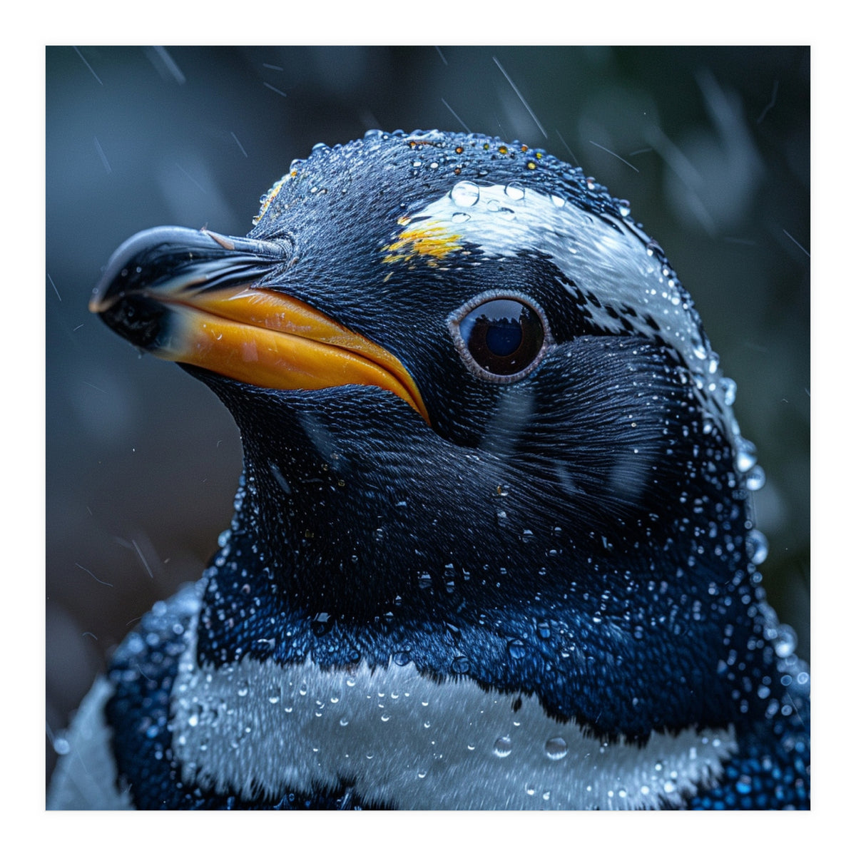 Macro view of a Penguin with Water Droplets (Print Only)
