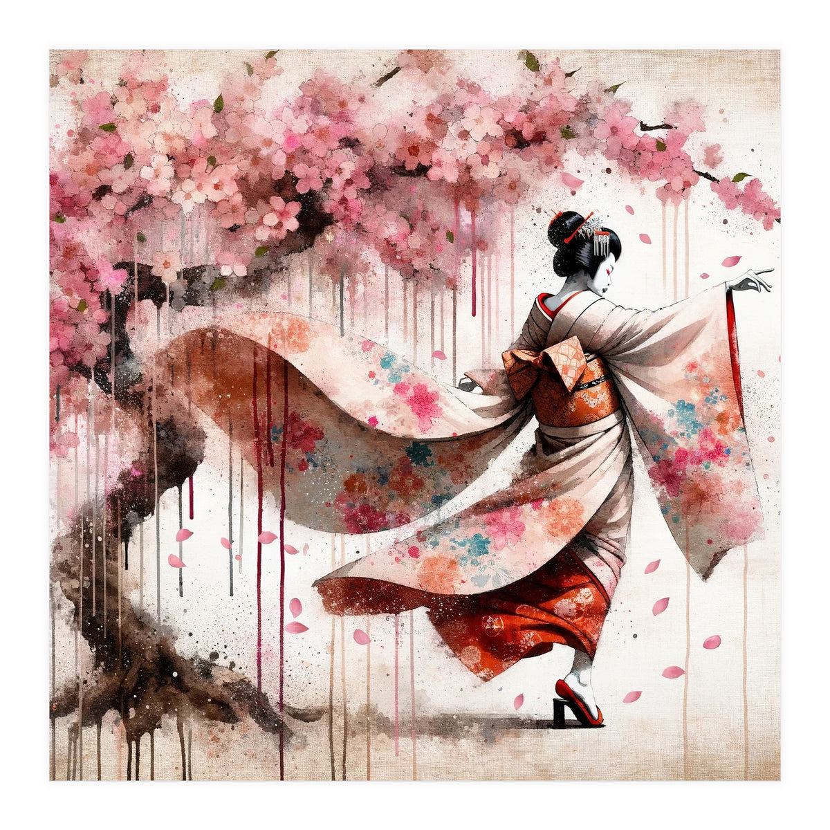 Geisha Under Cherry Blossoms In Motion (Print Only)